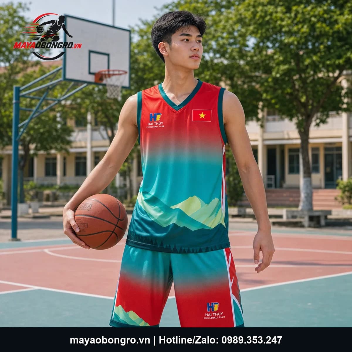 Ảnh mẫu áo bóng rổ học sinh cấp 3 Team HT Pickleball đỏ xanh, jersey sát nách dài và quần phối họa tiết núi