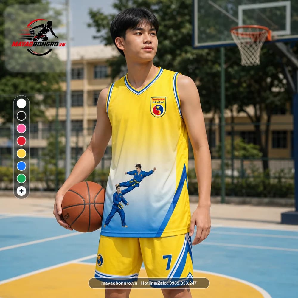 Ảnh mẫu học sinh cấp 3 mặc bộ quần áo bóng rổ Vovinam Đà Nẵng vàng xanh X24-BR-005