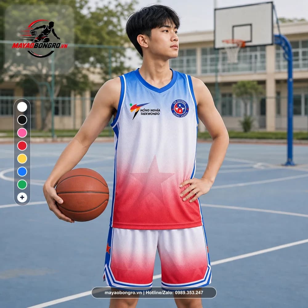 Ảnh mẫu học sinh cấp 3 mặc bộ quần áo bóng rổ Hồng Nghĩa Taekwondo xanh đỏ X24-BR-028