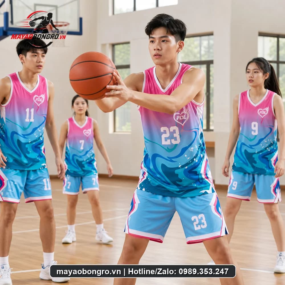 Mẫu bóng rổ Hồng Xanh Dương Gradient cho học sinh trung học phổ thông, người lớn.