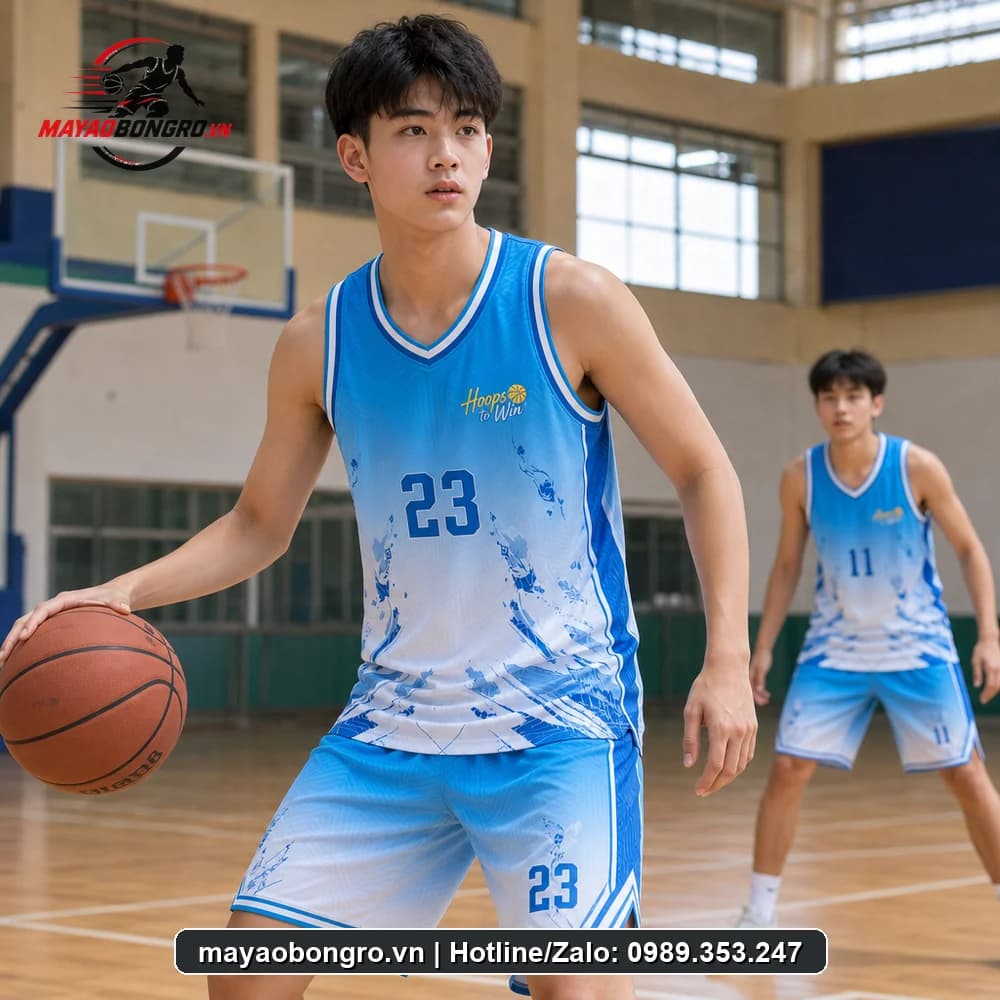 Mẫu bóng rổ Xanh Dương cho học sinh trung học phổ thông, người lớn.