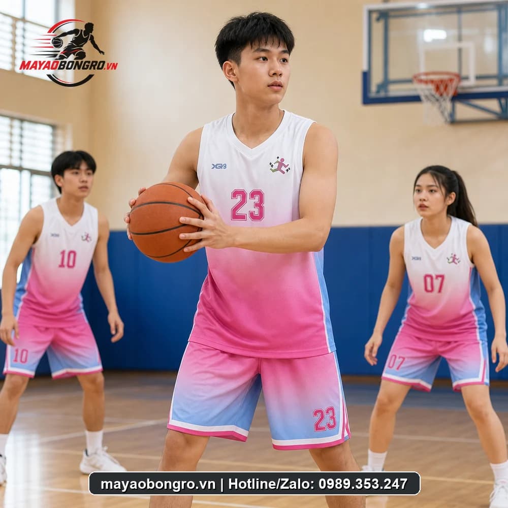 Mẫu bóng rổ gradient hồng tím xanh cho học sinh trung học phổ thông, người lớn.