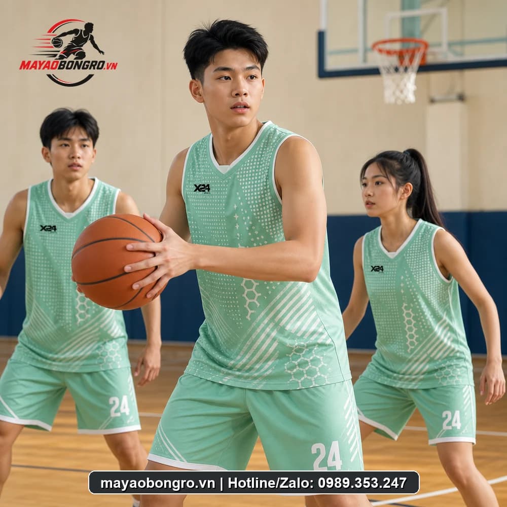 Mẫu bóng rổ Xanh Ngọc Đa cho học sinh trung học phổ thông, người lớn.