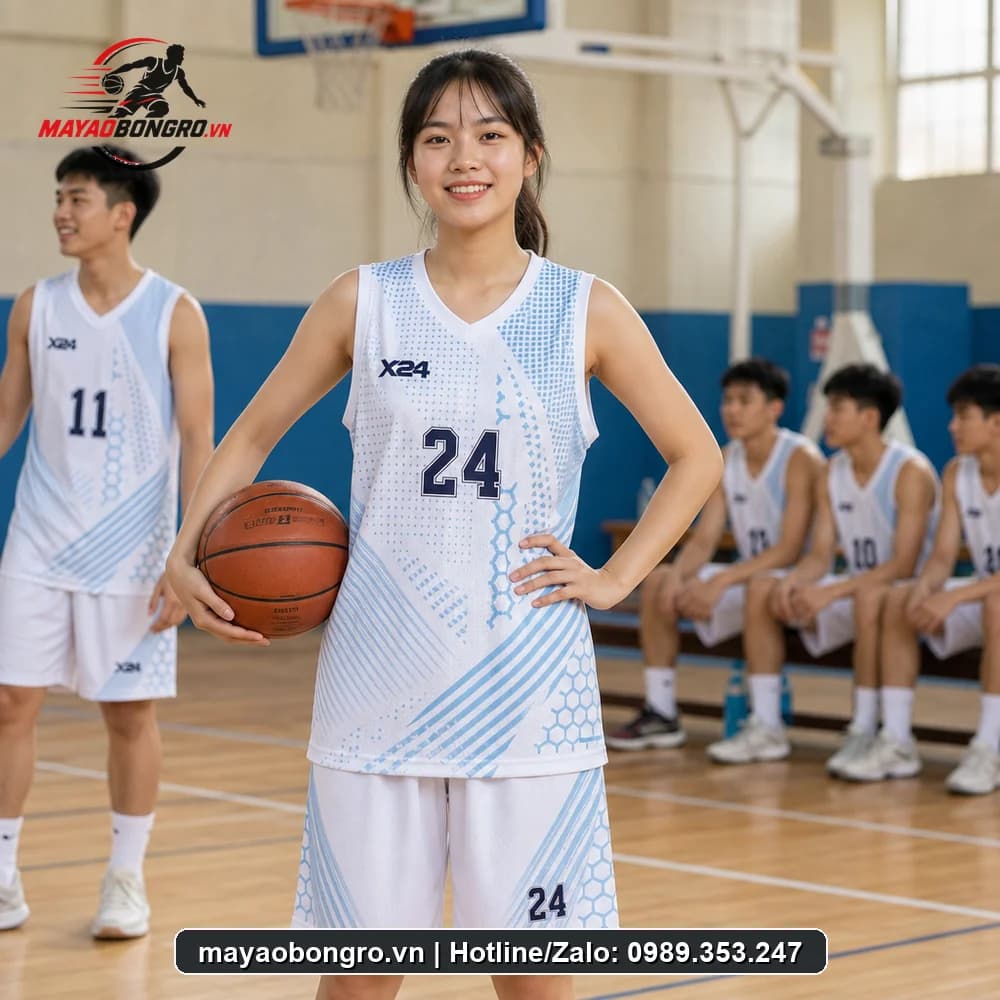 Mẫu bóng rổ Trắng Xanh Mát cho học sinh trung học phổ thông, người lớn.