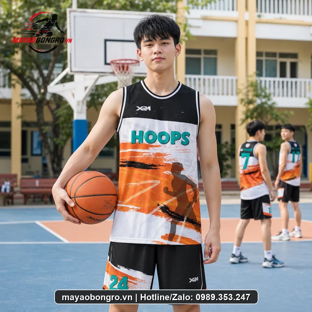 Mẫu bóng rổ Đen Cam Nổi cho học sinh trung học phổ thông, người lớn.