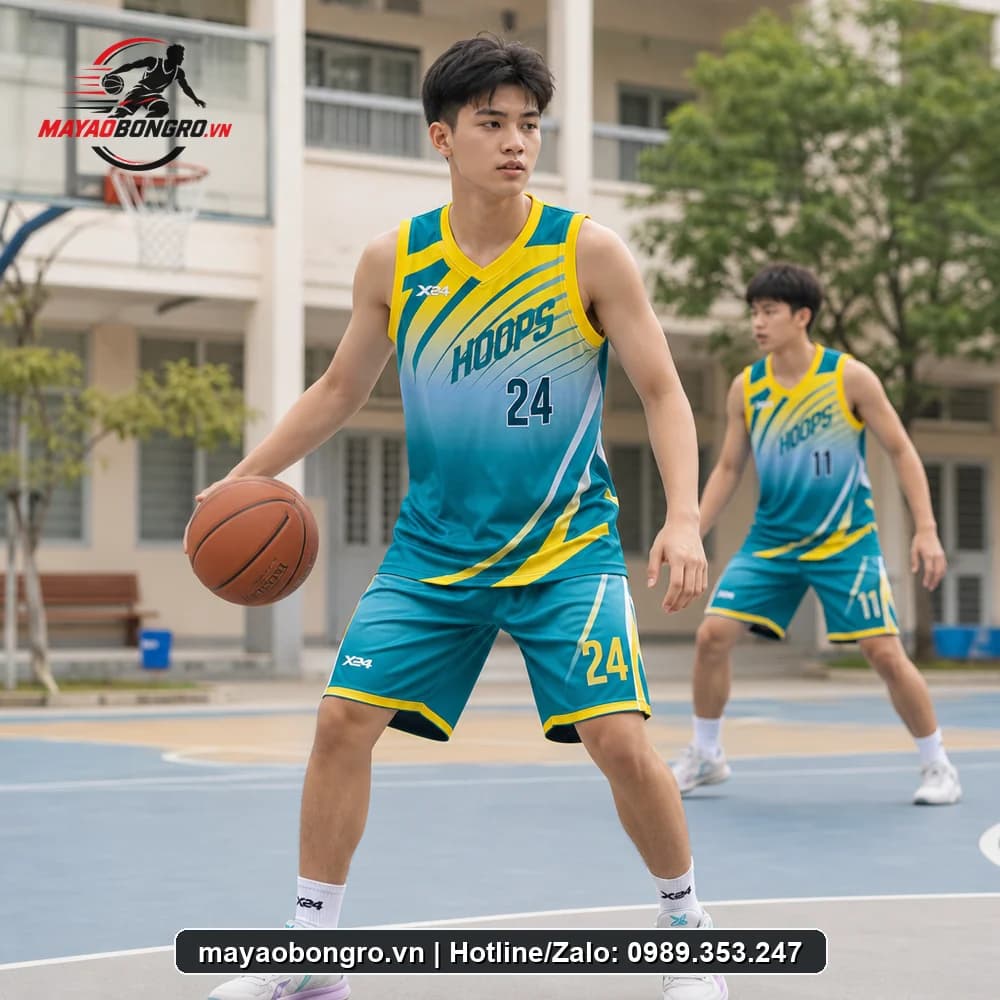 Mẫu bóng rổ Vàng Xanh Lơ cho học sinh trung học phổ thông, người lớn.