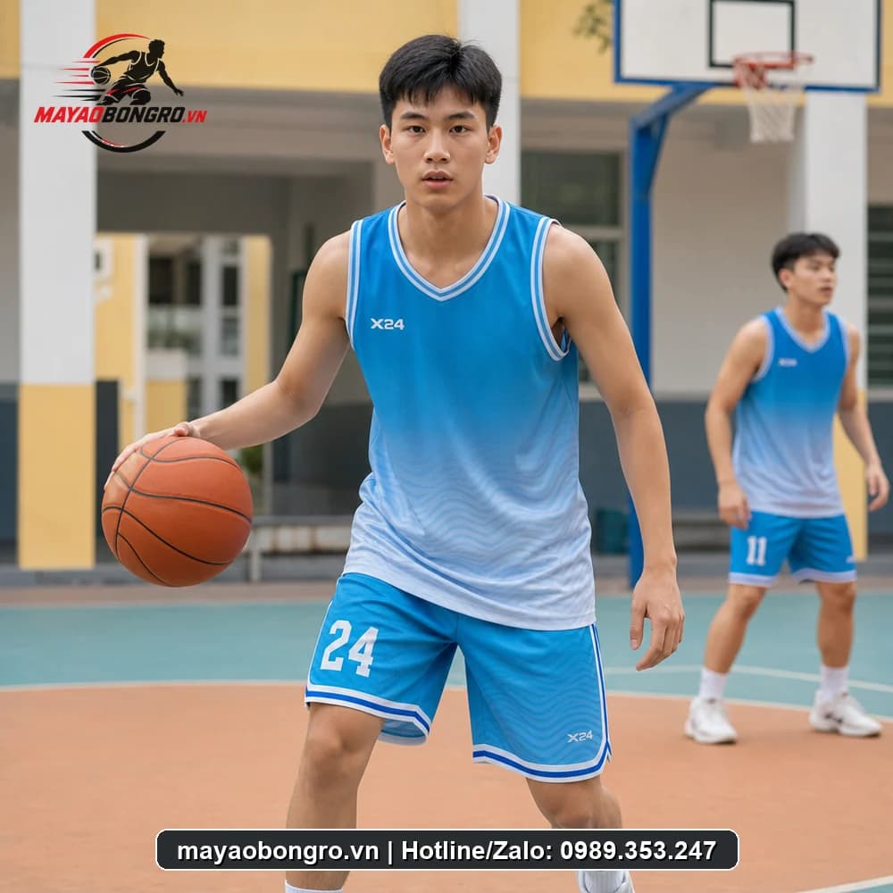 Mẫu bóng rổ Xanh Dương Gradient cho học sinh trung học phổ thông, người lớn.