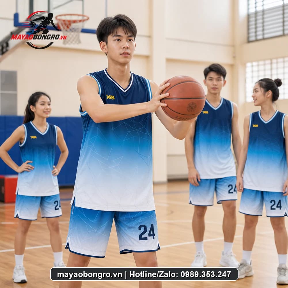 Mẫu bóng rổ màu xanh gradient cho học sinh trung học phổ thông, người lớn.