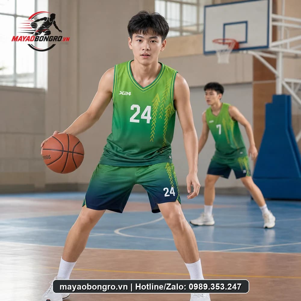 Mẫu bóng rổ màu xanh két cho học sinh trung học phổ thông, người lớn.
