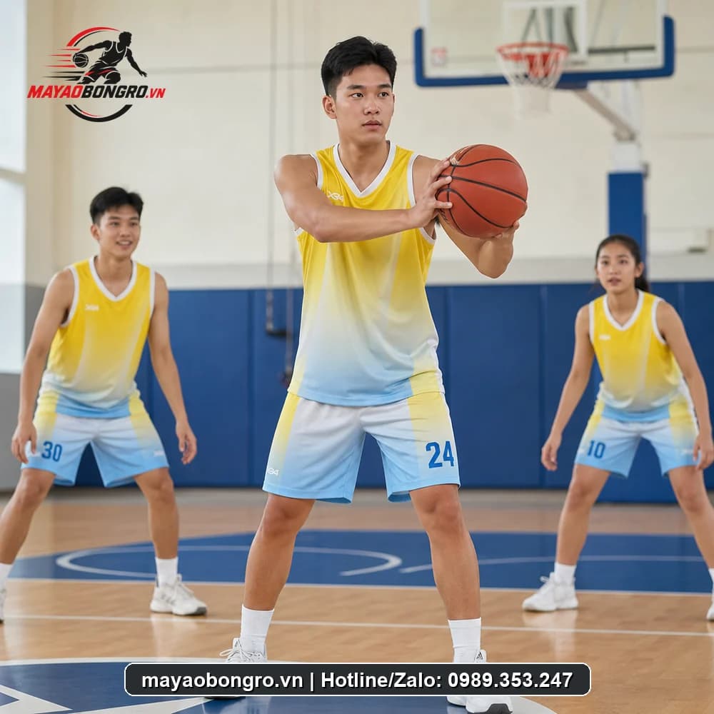 Mẫu bóng rổ màu vàng xanh cho học sinh trung học phổ thông, người lớn.