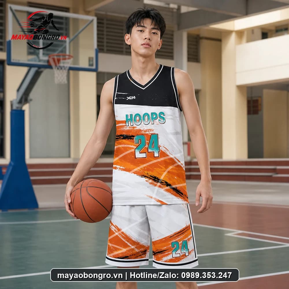Mẫu bóng rổ Cam Trắng Đen cho học sinh trung học phổ thông, người lớn.