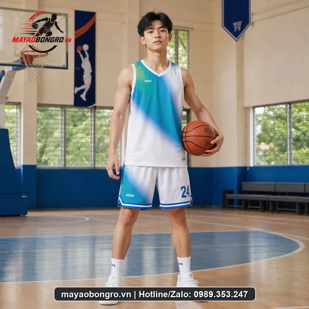 Mẫu bóng rổ Trắng Xanh Dương cho học sinh trung học phổ thông, người lớn.