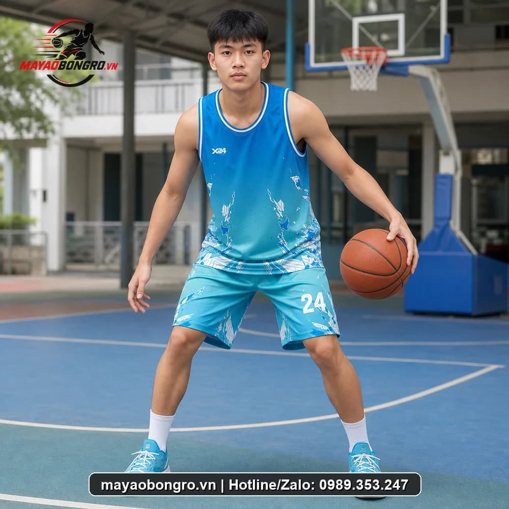 Mẫu bóng rổ Áo Singlet Xanh cho học sinh trung học phổ thông, người lớn.