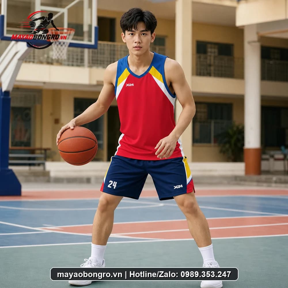 Mẫu bóng rổ đỏ phối xanh cho học sinh trung học phổ thông, người lớn.