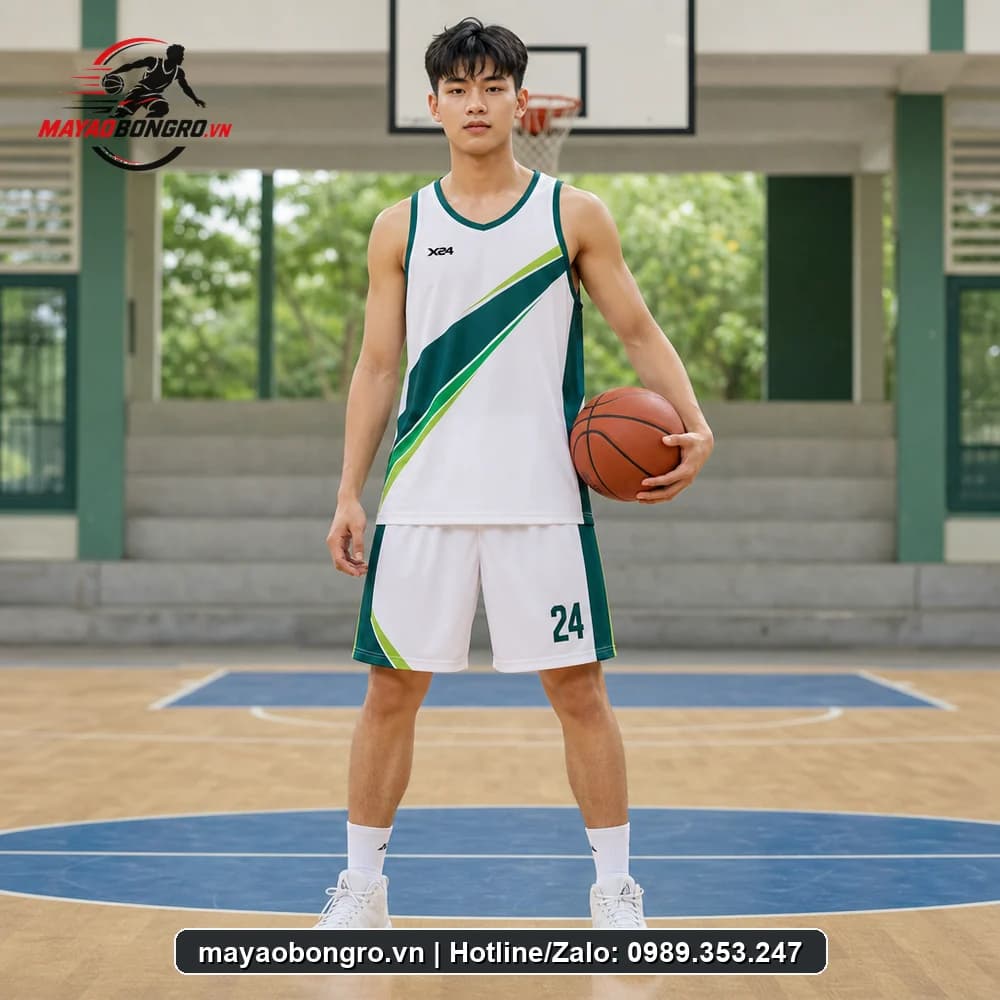 Mẫu bóng rổ trắng phối xanh cho học sinh trung học phổ thông, người lớn.