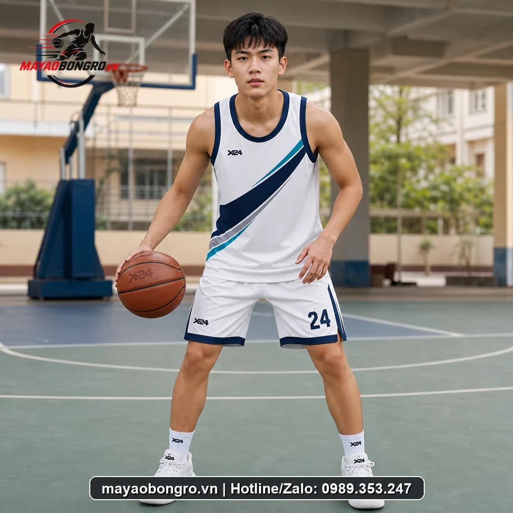 Mẫu bóng rổ trắng sọc tím cho học sinh trung học phổ thông, người lớn.
