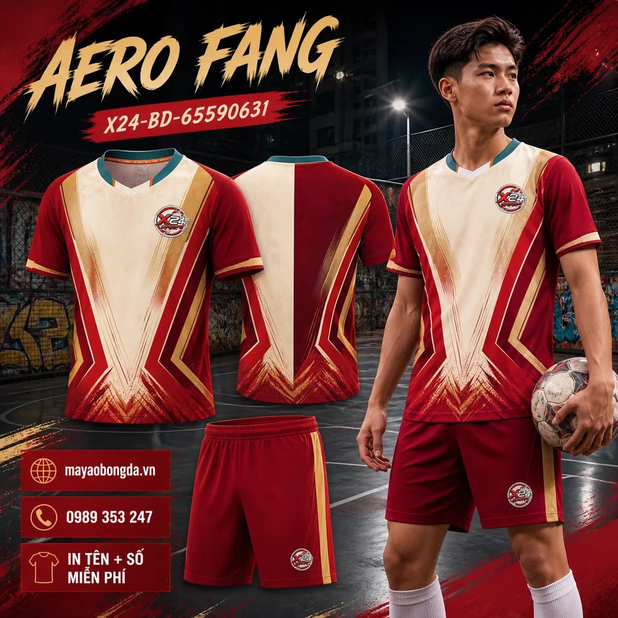 Áo bóng đá Aero Fang đỏ kem cổ tim đặt may cho đội – Mã X24-BD-65590631