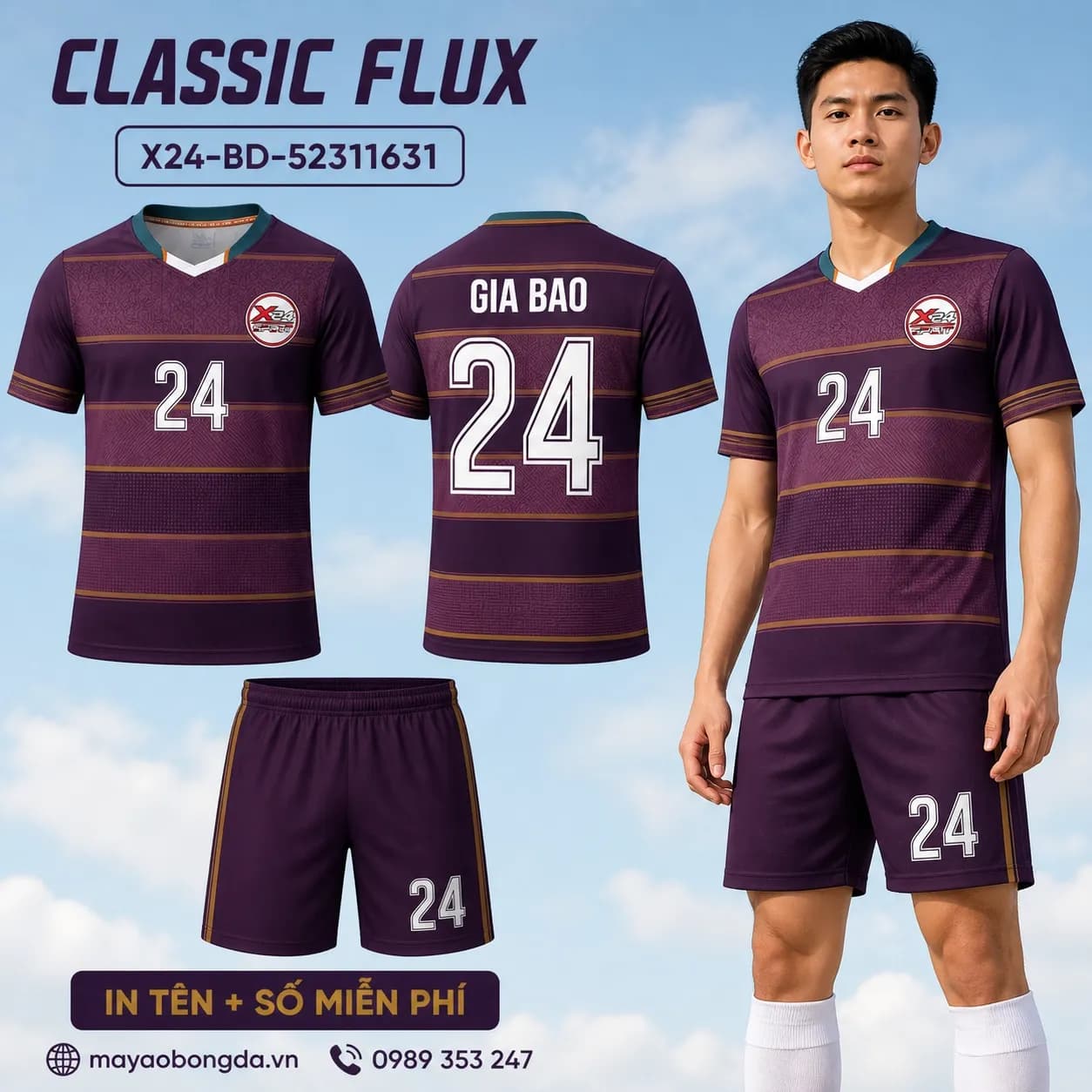Áo bóng đá Classic Flux phối tím mận vàng trầm đặt may cho đội – Mã X24-BD-52311631