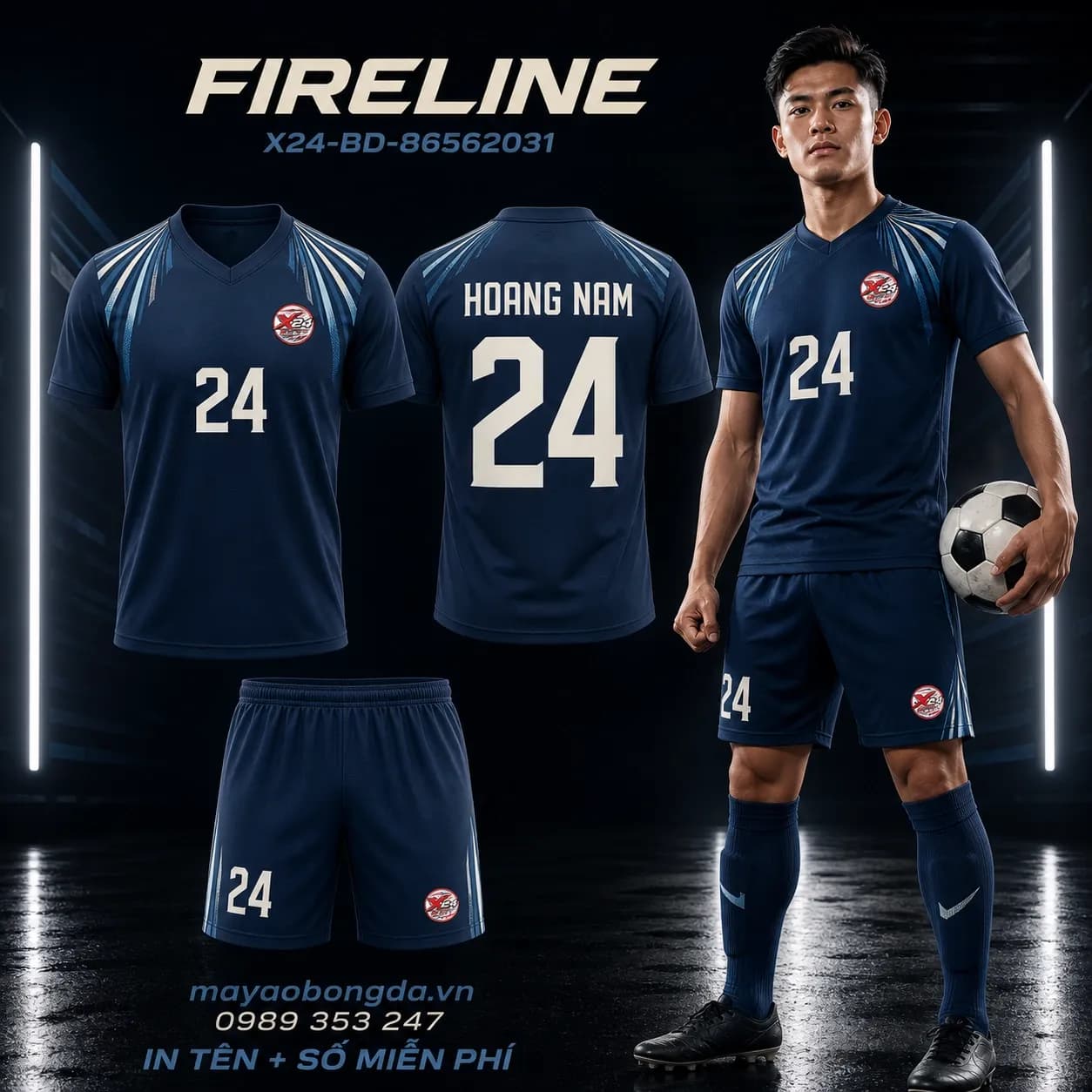 Áo bóng đá Fireline phối xanh navy xanh da trời đặt may cho đội – Mã X24-BD-86562031