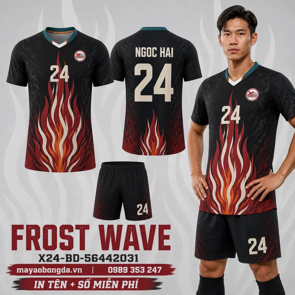 Áo bóng đá Frost Wave phối đen than đỏ rượu đặt may cho đội – Mã X24-BD-56442031