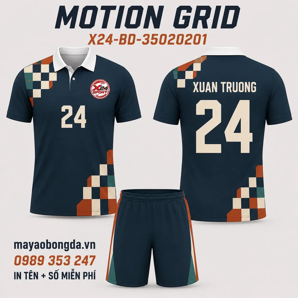 Áo bóng đá Motion Grid phối xanh than cam gỉ đặt may cho đội – Mã X24-BD-35020201