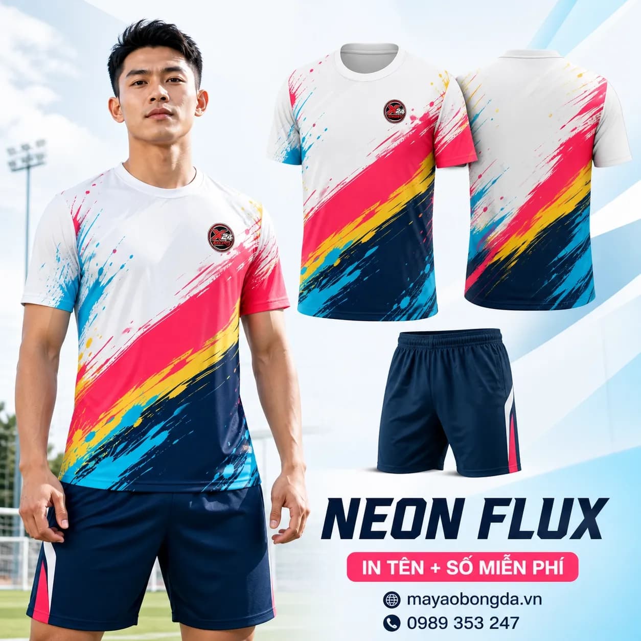 Áo bóng đá Neon Flux trắng đa sắc đặt may cho đội bóng – Mã X24-BD-631330