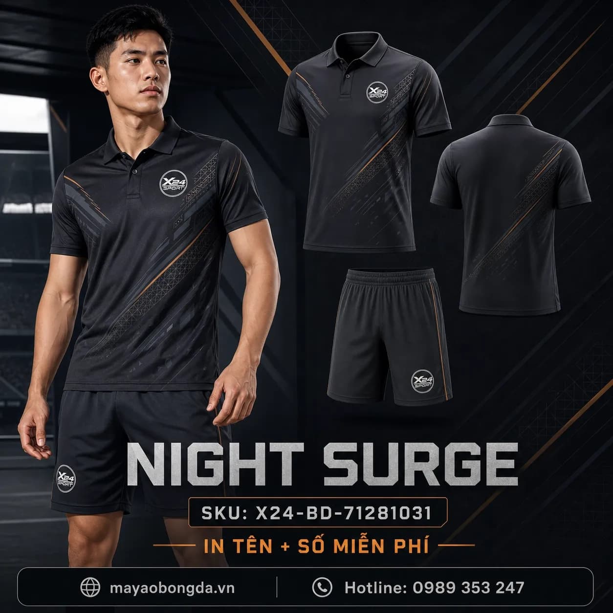 Áo bóng đá Night Surge đen graphite cổ polo cho đội bóng – Mã X24-BD-71281031