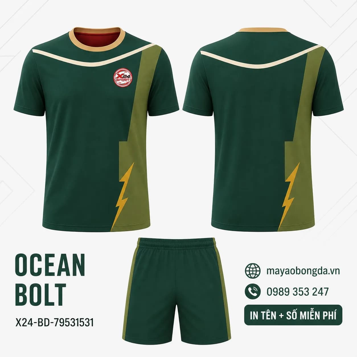 Áo bóng đá Ocean Bolt phối xanh rừng vàng mustard đặt may cho đội – Mã X24-BD-79531531