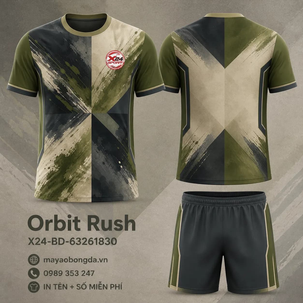 Áo bóng đá Orbit Rush xanh rêu ghi cổ tròn đặt may – Mã X24-BD-63261830