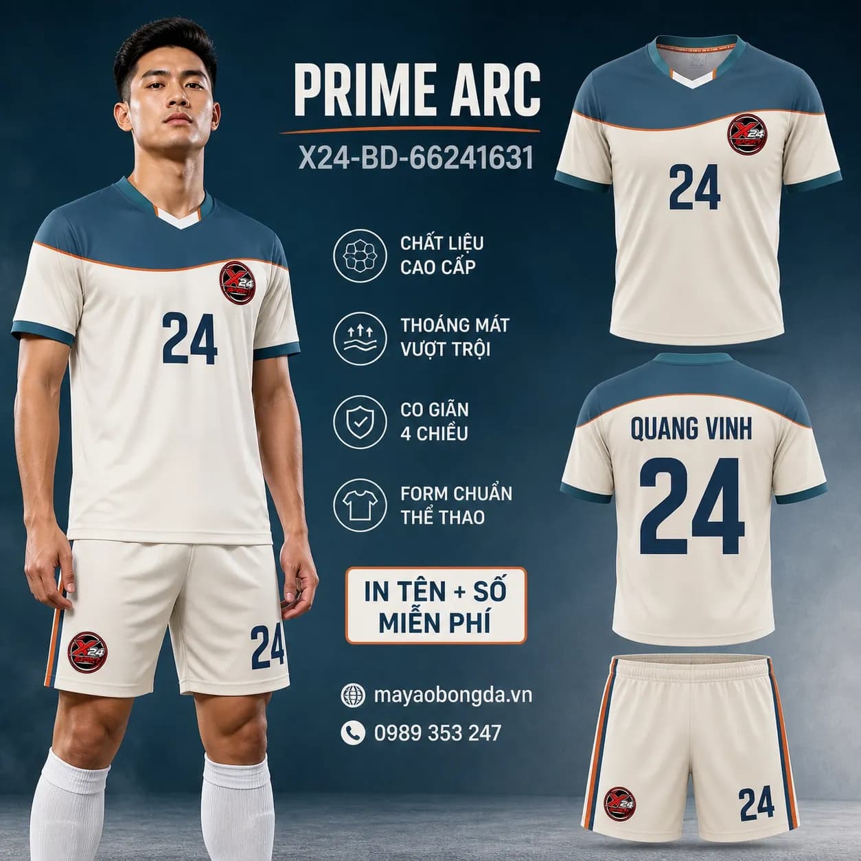 Áo bóng đá Prime Arc phối trắng ngọc xanh dương đặt may cho đội – Mã X24-BD-66241631