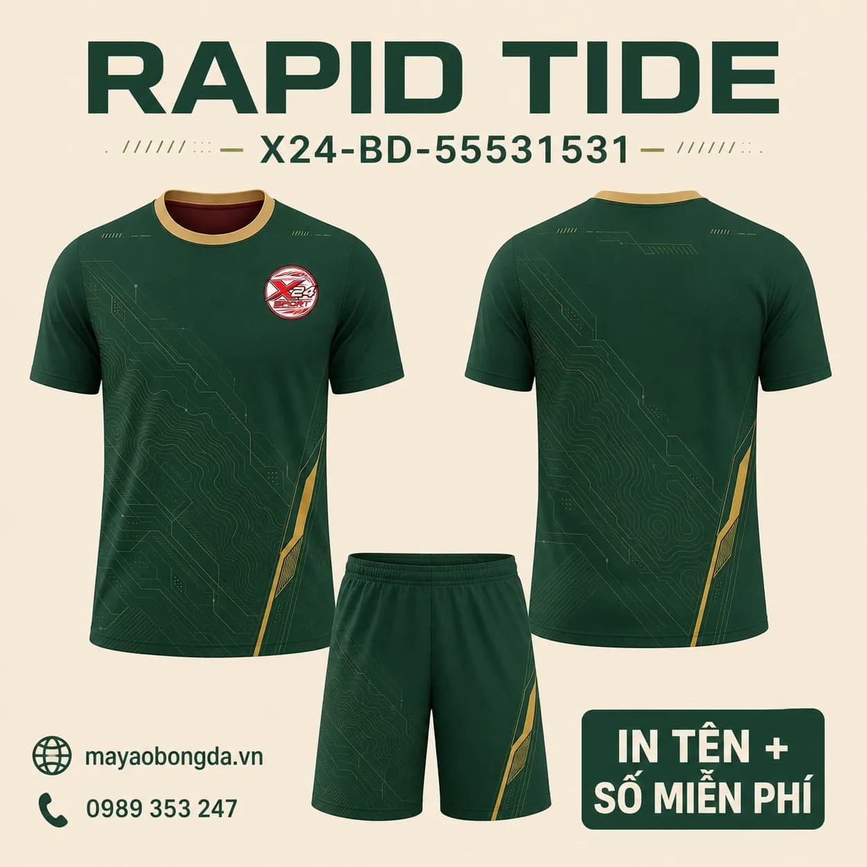 Áo bóng đá Rapid Tide phối xanh rừng vàng mustard đặt may cho đội – Mã X24-BD-55531531