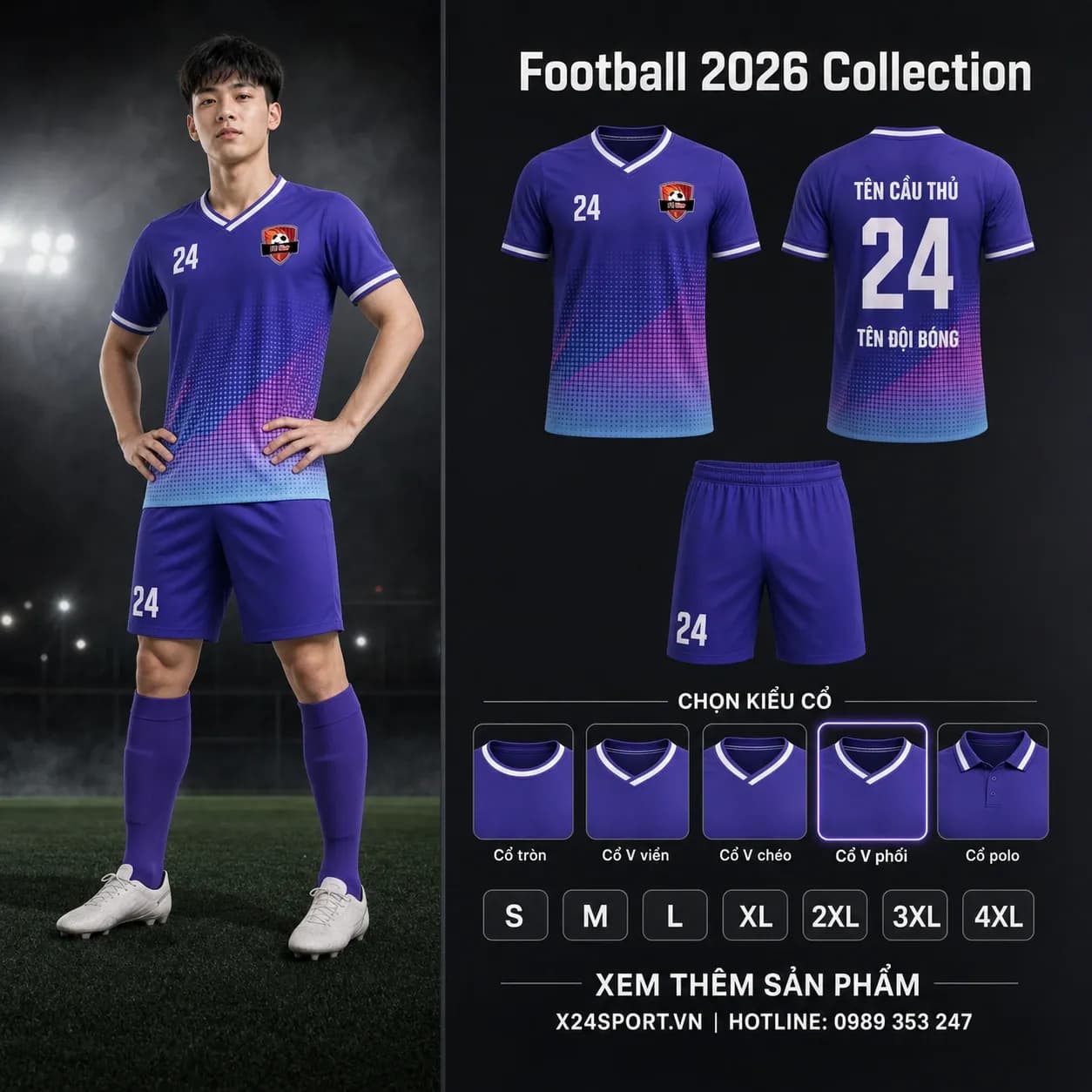 Áo bóng đá thiết kế 2026 mẫu 037 - tím lavender phối tím đậm – Mã X24-MABD-2026-037