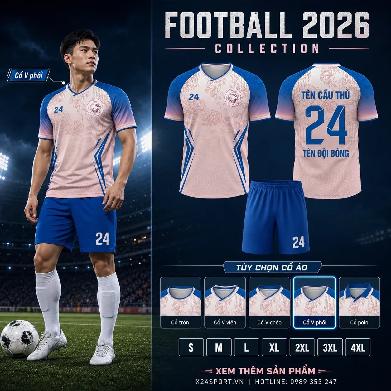 Áo bóng đá thiết kế 2026 mẫu 038 - xanh royal phối navy – Mã X24-MABD-2026-038
