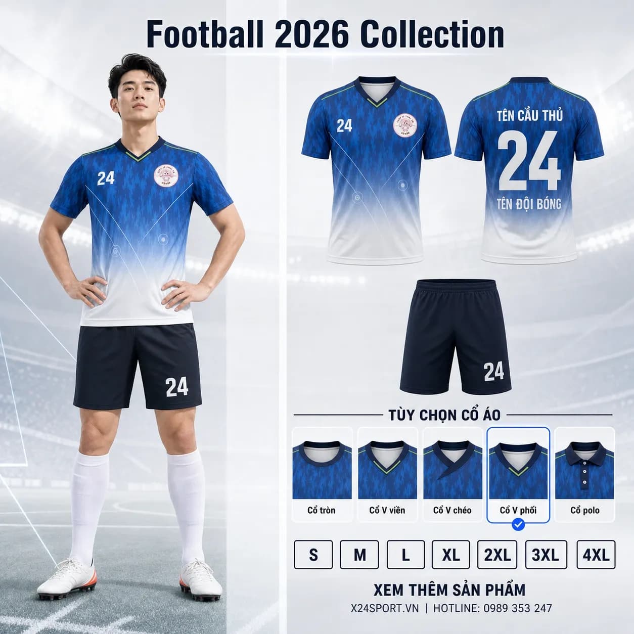 Áo bóng đá thiết kế 2026 mẫu 048 - hồng nhạt phối xanh dương – Mã X24-MABD-2026-048