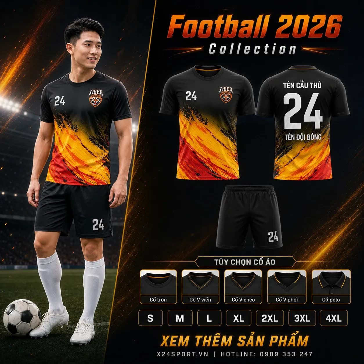 Áo bóng đá thiết kế 2026 mẫu 050 - đen phối vàng cam đỏ – Mã X24-MABD-2026-050
