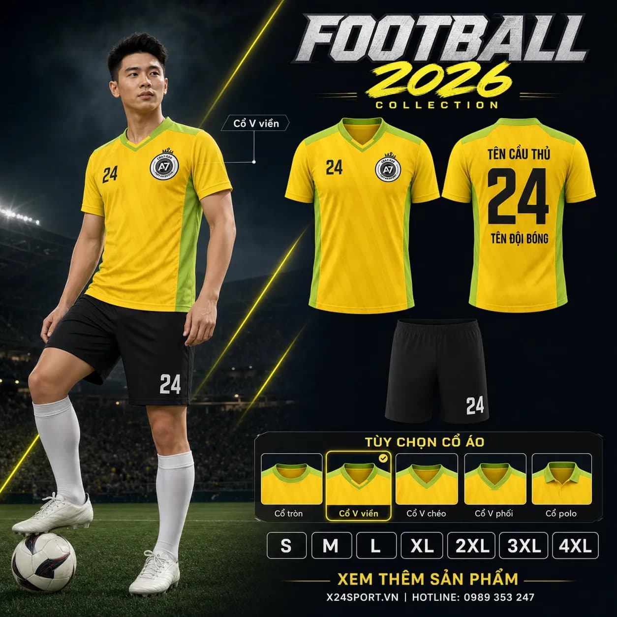 Áo bóng đá thiết kế 2026 mẫu 053 - vàng phối xanh lá – Mã X24-MABD-2026-053