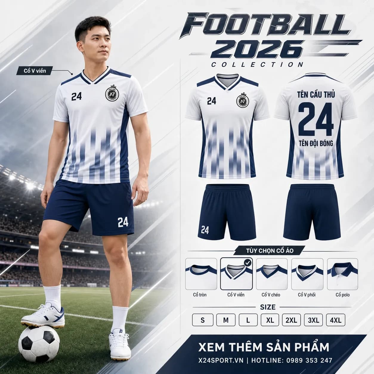Áo bóng đá thiết kế 2026 mẫu 054 - trắng phối xanh navy xám – Mã X24-MABD-2026-054