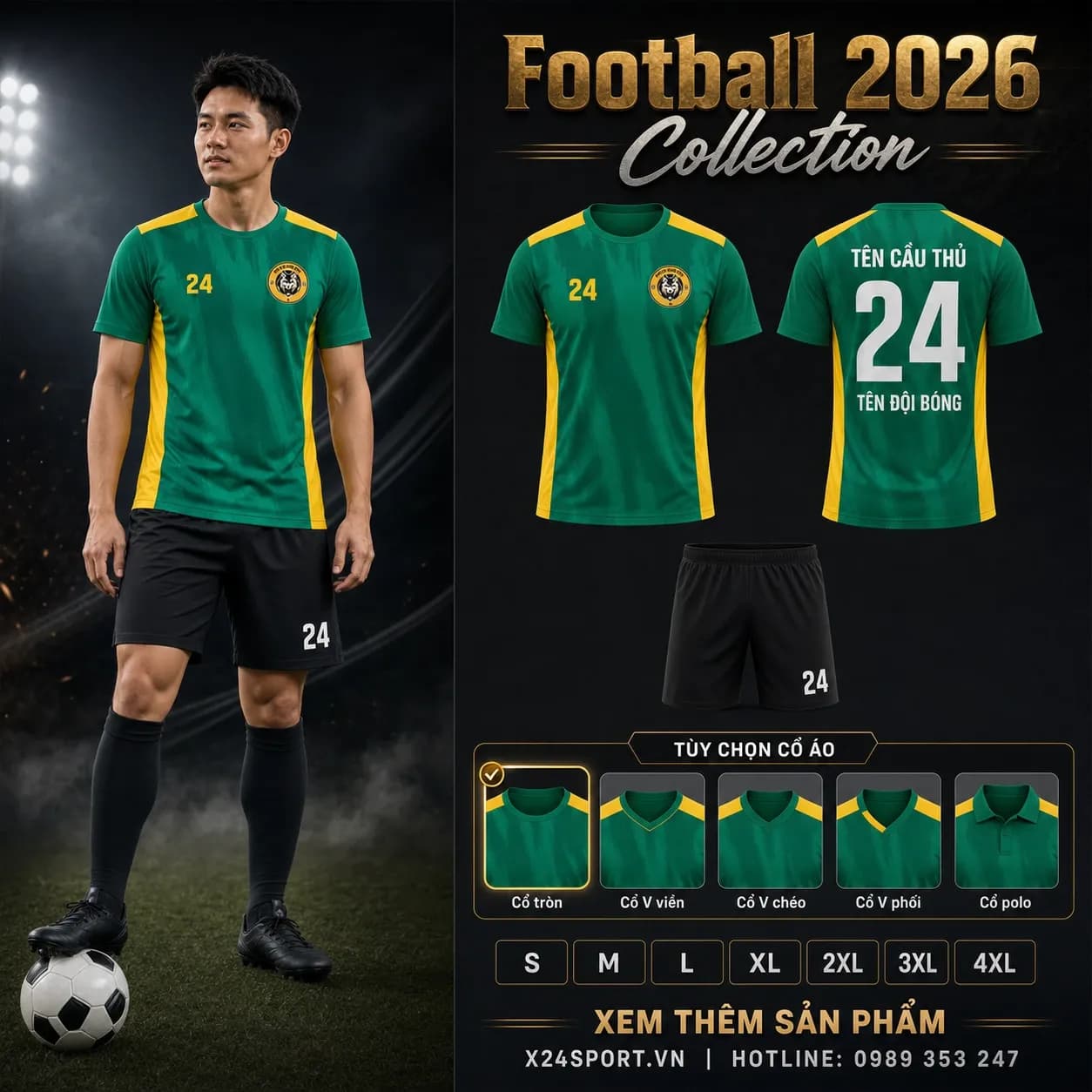 Áo bóng đá thiết kế 2026 mẫu 055 - xanh lá phối vàng – Mã X24-MABD-2026-055