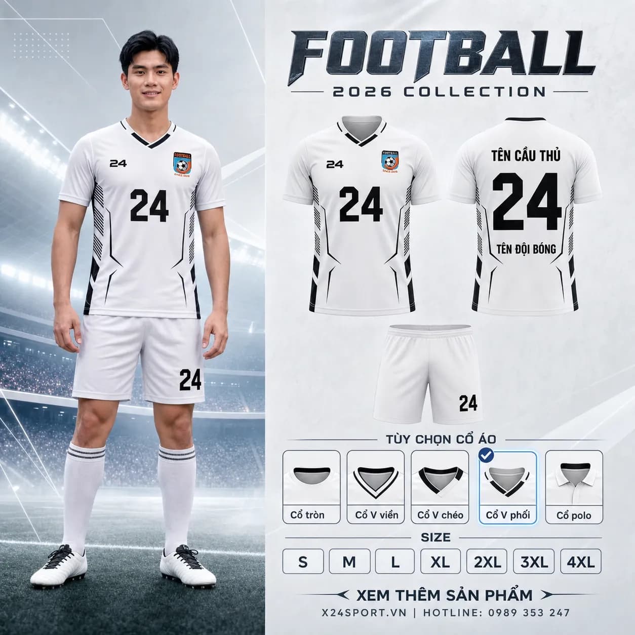 Áo bóng đá thiết kế X24 BR 05 WHITE - trắng phối đen – Mã X24-MABD-X24-BR-05-WHITE