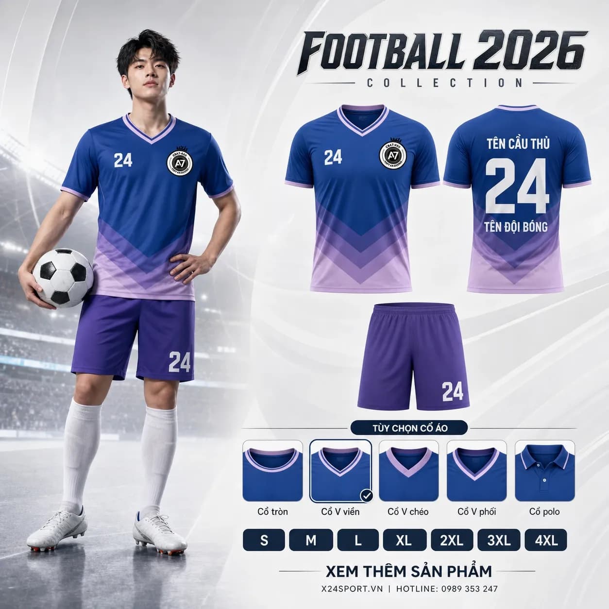 Áo bóng đá thiết kế X24 BR 11 BLUE PURPLE - xanh dương phối tím – Mã X24-MABD-X24-BR-11-BLUE-PURPLE