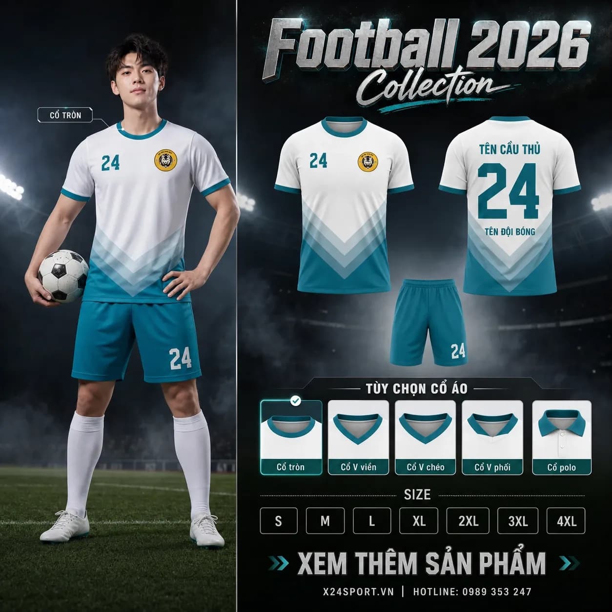 Áo bóng đá thiết kế X24 BR 11 WHITE TEAL - trắng phối xanh teal – Mã X24-MABD-X24-BR-11-WHITE-TEAL