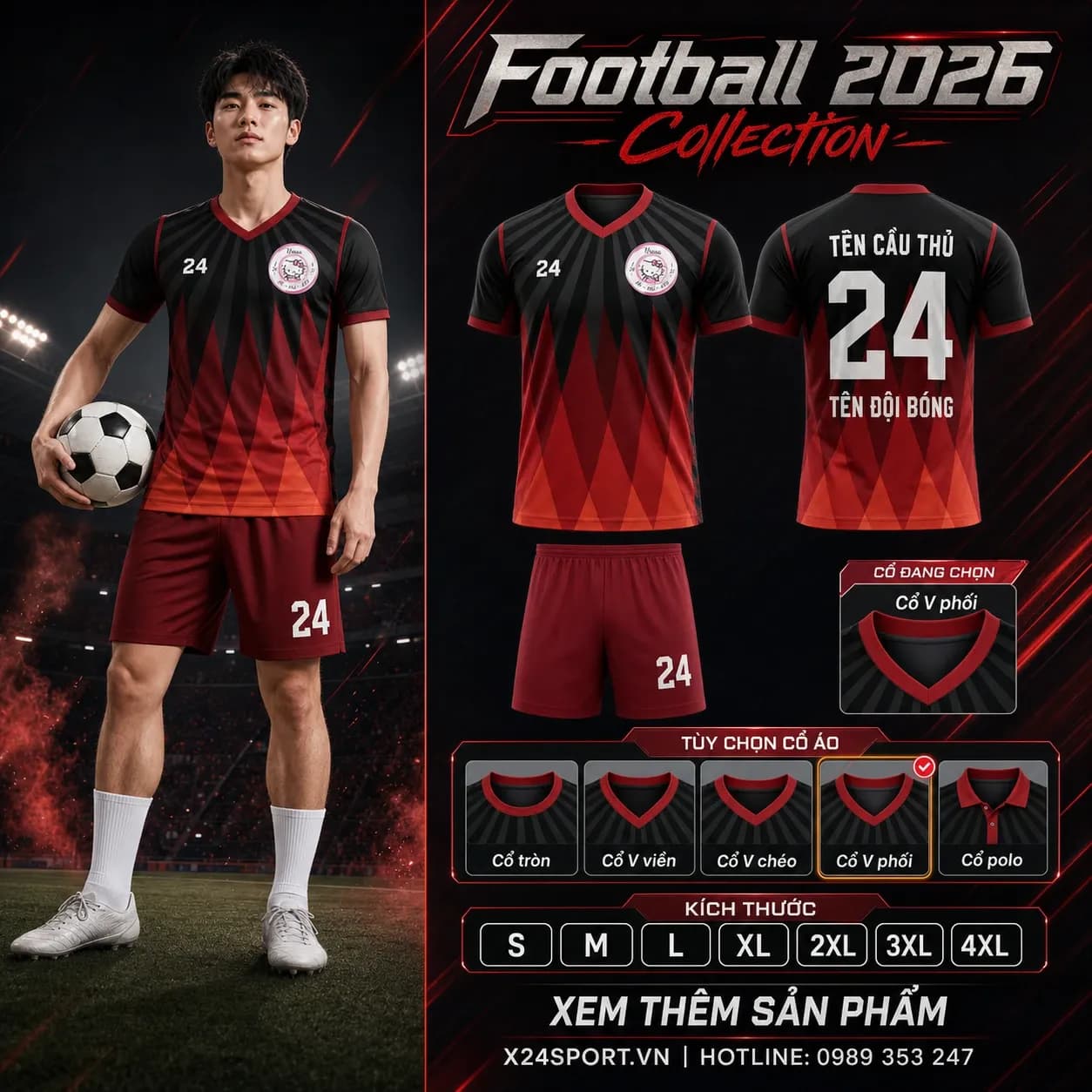 Áo bóng đá thiết kế X24 BR 22 RED - đỏ phối cam phối đen – Mã X24-MABD-X24-BR-22-RED