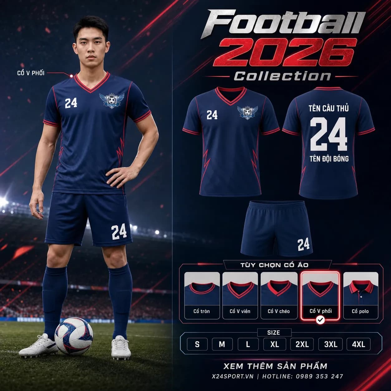 Áo bóng đá thiết kế X24 BR 26 NAVY - xanh navy phối đỏ – Mã X24-MABD-X24-BR-26-NAVY
