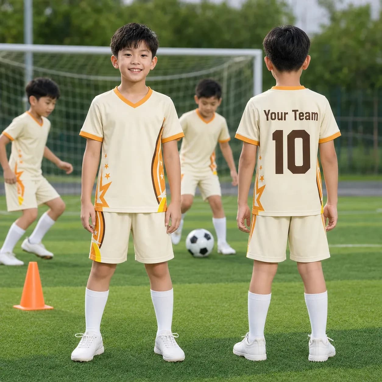 Áo bóng đá trẻ em mẫu thiết kế riêng màu Kem – Mã X24-BD-DBX-KID-005