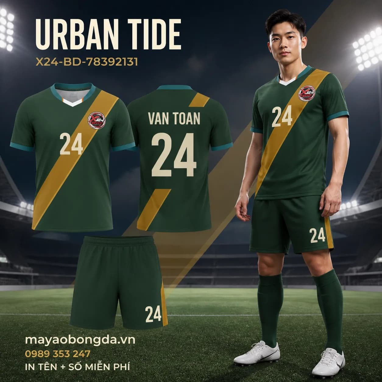 Áo bóng đá Urban Tide phối xanh lá vàng kim trầm đặt may cho đội – Mã X24-BD-78392131