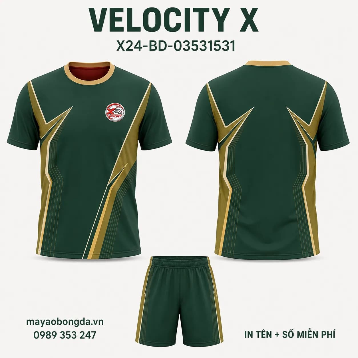 Áo bóng đá Velocity X phối xanh lá vàng kim trầm đặt may cho đội – Mã X24-BD-03531531