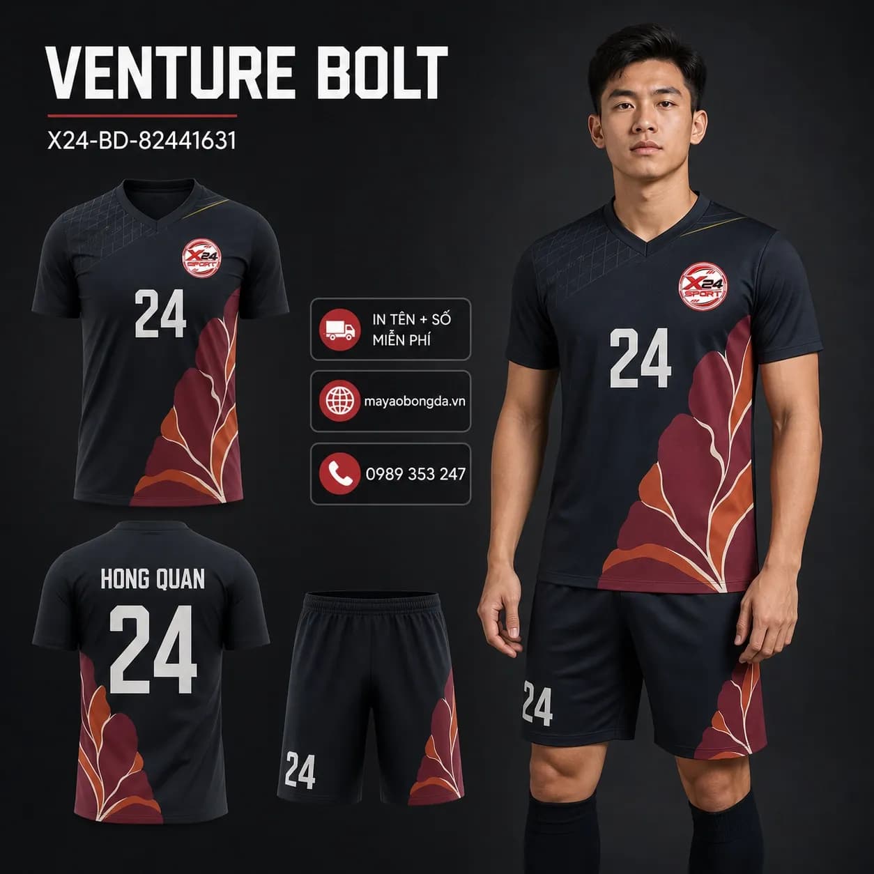 Áo bóng đá Venture Bolt phối đen than đỏ rượu đặt may cho đội – Mã X24-BD-82441631