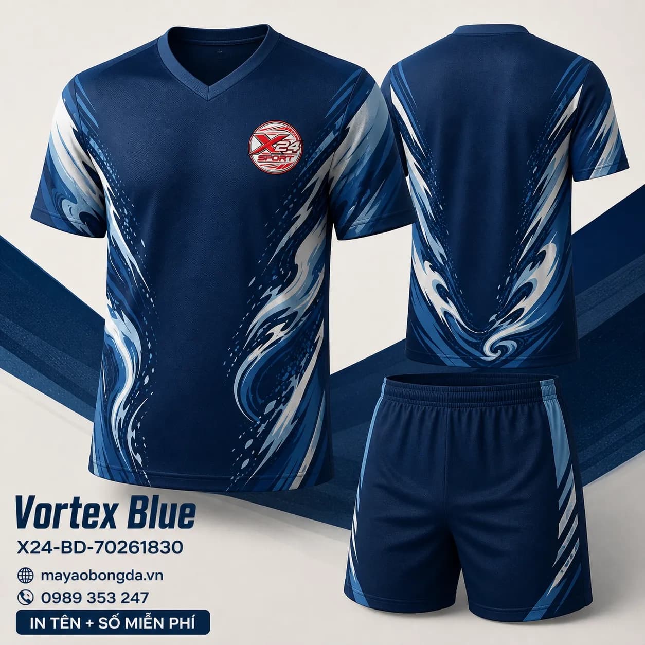 Áo bóng đá Vortex Blue xanh navy cổ tim đặt may – Mã X24-BD-70261830