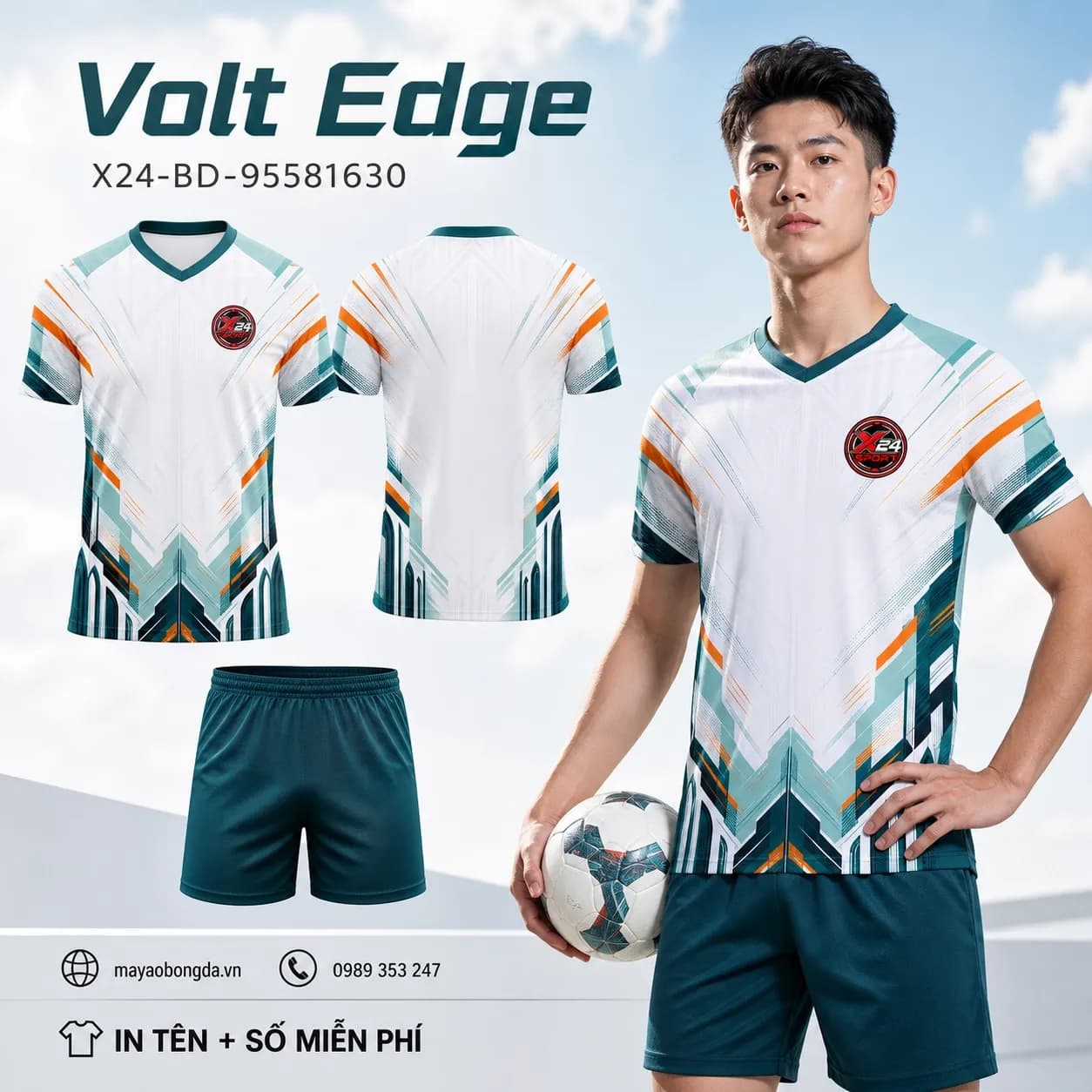 Áo bóng đá thiết kế X24-BD-95581630 màu trắng cam teal – Tuyển chọn X24Sport