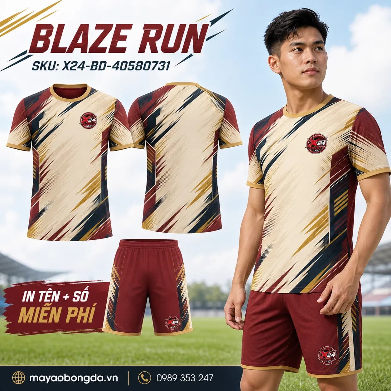 Áo bóng đá Blaze Run trắng đỏ cổ tròn đặt may cho đội – Mã X24-BD-40580731
